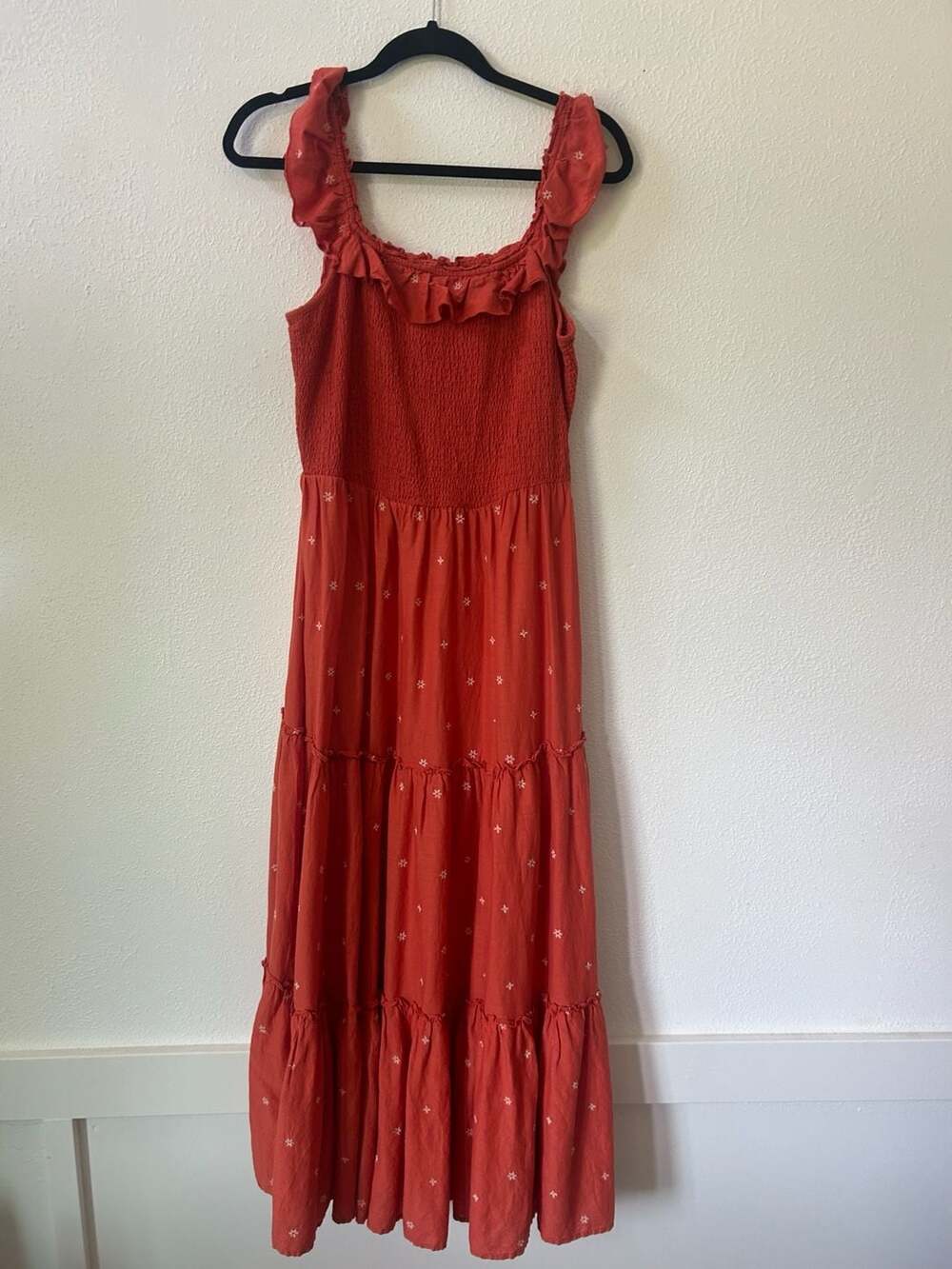 Old Navy Smocked Tiered Maxi Dress Orange Daisy Embroidered Boho Size M